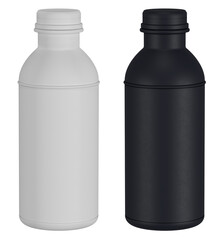 BLACK AND WHITE BOTTLE PACKAGING ON ISOLATED WHITE BACKGROUND - JUICE, YOGURT, MILK, WATER, COSMETICS, VITAMINS, SUPPLEMENTS AND OTHERS