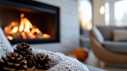 Pine cones and leaves placed softly on a cozy blanket, near a modern fireplace, with warm lighting creating an inviting ambiance of comfort and relaxation.