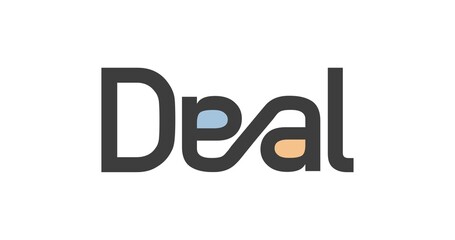 Abstract DEAL logo featuring connected E and A to form a symbolic agreement line. Highlighted color accents in blue and orange represent unity. Ideal for negotiation, business, or fintech branding.