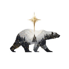 A Polar Bear Silhouette with a Golden Star and a Winter Forest Scene