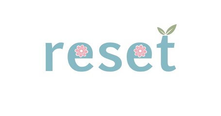 RESET logo featuring a pink flower inside the letter �e� and green leaves extending from the �t�, symbolizing fresh starts. Ideal for detox programs, retreats, and personal development services.