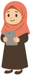 Cute Muslim Girl in Hijab Holding Tablet Cartoon Illustration