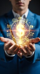 Businessman holding glowing energy orb representing innovation and bright future in his hands
