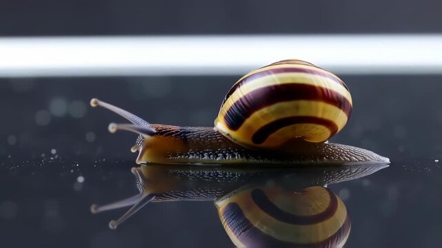 Close-up of a snail with a striped shell on a dark surface
