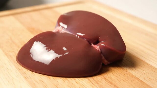 Two lobes of raw liver rest on a light wood cutting board glossy  fresh
