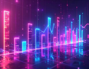 Futuristic neon data visualization with glowing bars and graphs