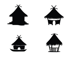 Fototapeta premium Collection of four distinct silhouette illustrations of traditional thatched roof huts and shelters on a white background