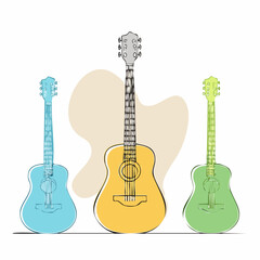 Naklejka premium one line drawing and continue for colorful acoustic guitar Set sketch