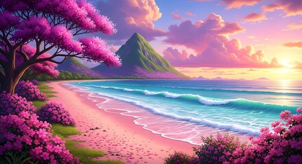 A Breathtaking Tropical Beach at Sunset with Magenta Flowers, Lush Green Mountains, and Radiant Sky Filled with Pastel Clouds in a Serene Digital Illustration.