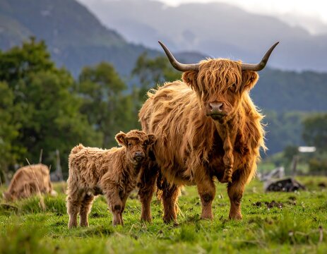 Highland Cow and Calf in Meadow.