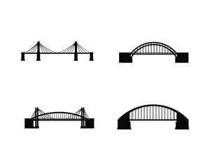 Collection of four distinct bridge silhouettes featuring cable stayed arch and truss designs against a white background