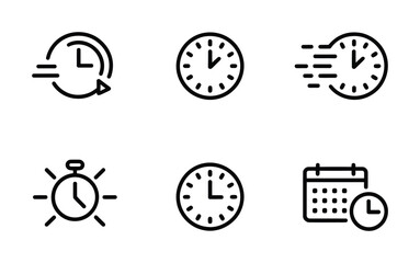 Clock, Stopwatch, Fast Time, Schedule, Calendar, Time Tracking Line Icons Set
