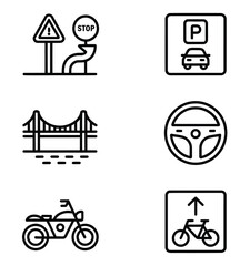 Traffic, Transport, Motorcycle, Driving, Bridge, Parking, Steering Wheel Line Icons Set