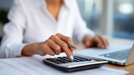 Professional accountant working with numbers using calculator near organized paperwork and laptop in office for precise financial calculations invoice processing accounting