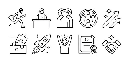 Business Growth, Startup, Teamwork, Success, Leadership, Innovation Line Icons Set