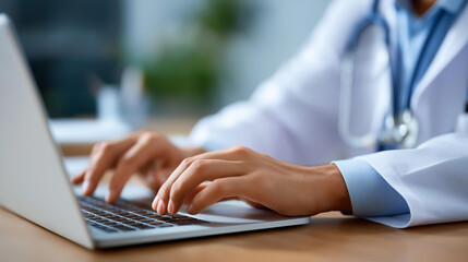 Medical doctor working on laptop in hospital managing patient records and communicating via telehealth technology for modern healthcare delivery medical doctor laptop work