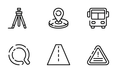 Transportation, Map Location, Road, Surveying, Bus, Travel Safety Line Icons Set