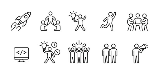 Startup, Teamwork, Innovation, Business Collaboration, Leadership Line Icons Set