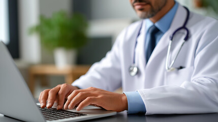 Medical doctor using laptop in hospital clinic to update EHR patient records and write clinical notes supporting accurate diagnosis doctor healthcare medical laptop hospital