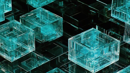 Translucent teal cubes in a dark grid