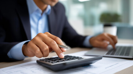 Financial analyst calculating complex data using calculator in professional office setting working on comprehensive business audit and company budget analysis accountant work