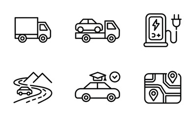 Transport, Car Service, Tow Truck, EV Charging, Insurance, Navigation Icons Set