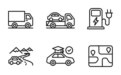 Transport, Road Trip, Electric Vehicle, Tow Truck, Car Insurance, Navigation Map Line Icons Set
