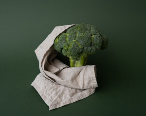 Head of fresh broccoli placed on natural linen fabric against green background. Organic vegetable, healthy eating 