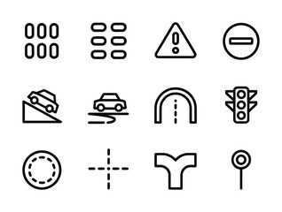 Traffic Signs & Road Safety Line Icons - Stop Sign, Warning Triangle, Traffic Light, Speed Bump, Roundabout, Lane Markings for Driving Apps, Education & Smart City UI