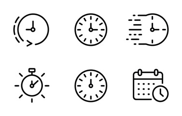 Clock Types & Time Scheduling Line Icons - Analog, Digital, Timer, Calendar, Stopwatch, Fast Clock for Apps, Calendars & Business Workflow UI