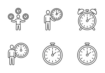 Human Time Management & Productivity Line Icons - Person with Clock, Alarm, Stopwatch, Team with Clocks for HR, Business & Personal Planning UI