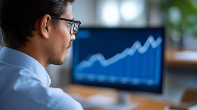 Business manager visualizing monthly KPI performance line graph in workspace to optimize sales metrics and revenue growth for data driven strategy ROI analytics KPI visualization