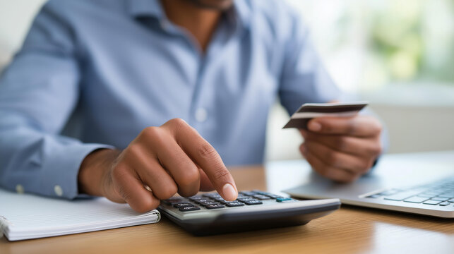 Businessman holding credit card using calculator and notebook beside laptop in office for finance tracking and debt management credit card payment businessman planning card hold
