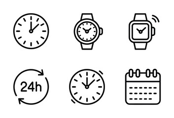 Time Management & Smart Watch Line Icons - Clock, Wristwatch, Smartwatch, 24h Cycle, Calendar for Productivity Apps, Wearables & Scheduling UI