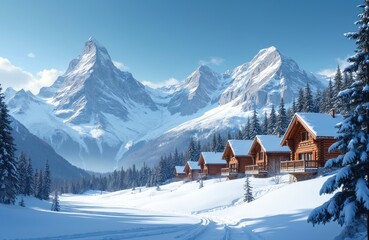 Fototapeta premium Wooden cabins sit in snowy mountains. Pine trees cover slopes. Clear blue sky above peaks. Winter landscape offers serene nature views and peaceful vacation setting.