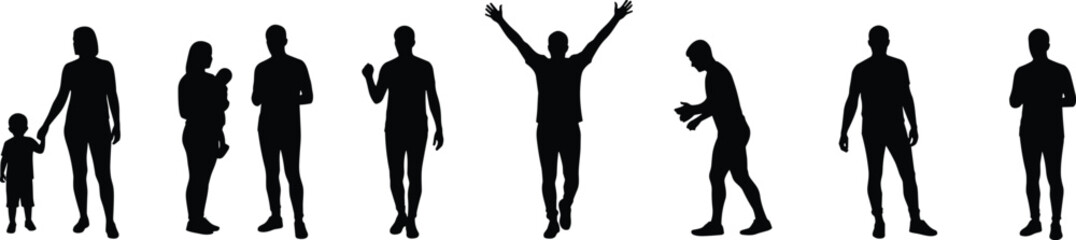Human silhouette poses, family and activity icons, emotional gesture vector, diverse people illustration, lifestyle concept, black figures, social interaction design
