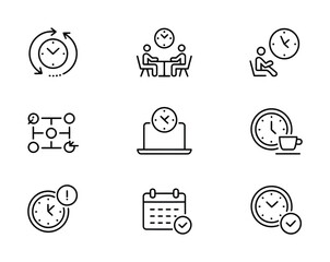 Business Scheduling & Meeting Line Icons - Clock with Checkmark, Team Meeting, Laptop Timer, Coffee Break, Calendar with Alert for Corporate Apps, Productivity & Remote Work UI