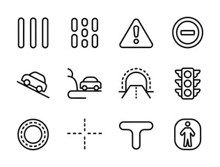 Traffic Control & Road Safety Line Icons - Stop Sign, Warning Triangle, Traffic Light, Pedestrian Crossing, Speed Bump, Lane Markings for Driving Apps, Education & Smart City UI