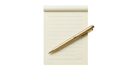 Isolated paper pad with lines and golden pen for writing, note-taking and brainstorming ideas