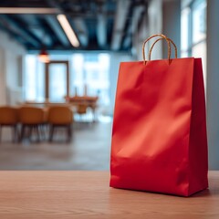 A Bright Red Gift Bag on a Wooden Table in a Modern Office Space