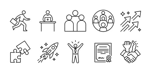Business growth and teamwork line icons set