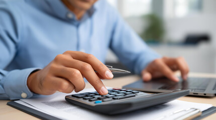 Professional accountant pressing calculator buttons with pen in hand laptop and clipboard positioned on organized office desk for budget calculation and financial verification
