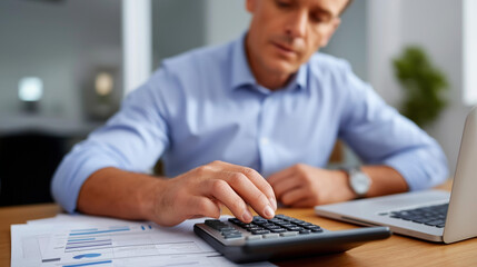 Professional accountant working with numbers using calculator near organized paperwork and laptop in office for precise financial calculations invoice processing accounting