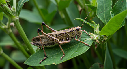 Fototapeta premium Grasshopper Perched on Green Leaf A Close-up View of Insect in Nature