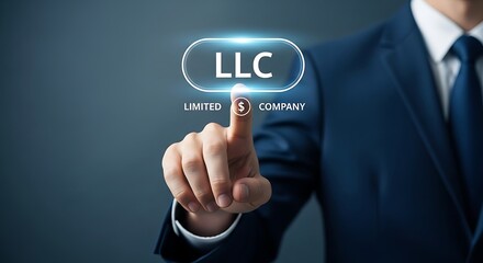 Businessman touches glowing llc button on futuristic screen symbolizing business formation and corporate legal structure