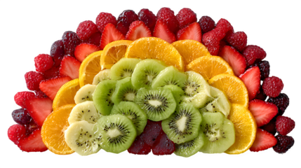 Creative fruit prep platter shaped like a rainbow arc, isolated on Transparent Background