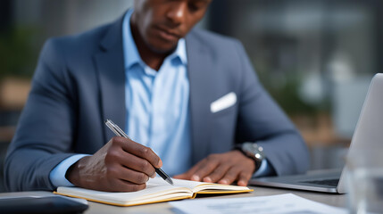 Corporate professional writing important notes in notebook at organized office desk with laptop tablet and business paperwork visible for meeting preparation business notes not