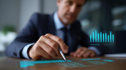 Corporate businessman analyzing complex financial data with digital checklist interface and interactive business charts floating above workspace finance management business