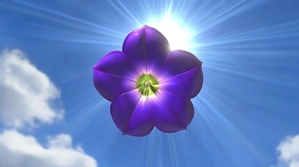 Purple flower, sunburst, blue sky, clouds, 3D render