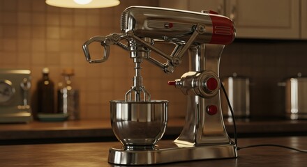 Retro Style Electric Food Mixer in a Warmly Lit Kitchen.
